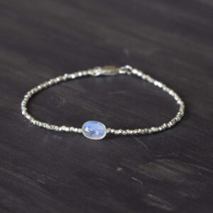 Dainty Fine Silver Bracelet With Rainbow Moonstone, Skinny Karen Hill Tribe Silver Stacking Bracelet
