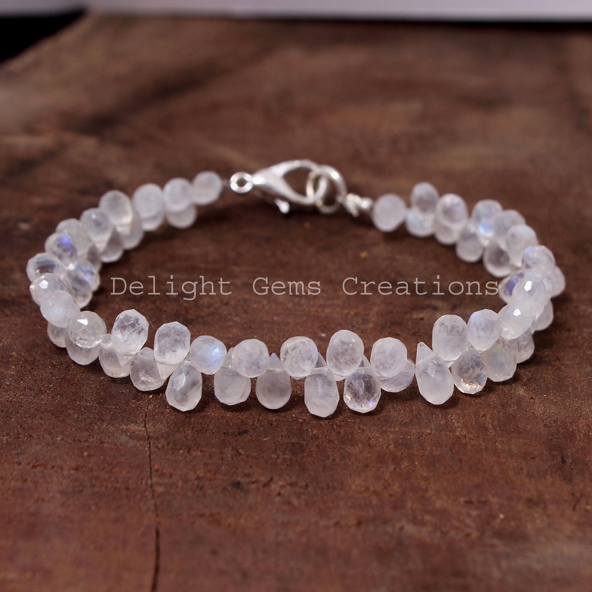 Rainbow Moonstone Faceted Drops Bracelet, Blue Flash Bead Bracelet