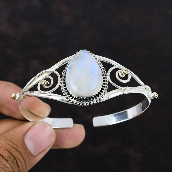 Handmade Rainbow Moonstone Bangle: Adjustable 925 Sterling Silver Cuff