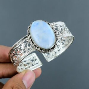 Handmade Rainbow Moonstone Cuff Bracelet: 925 Sterling Silver Adjustable Bangle