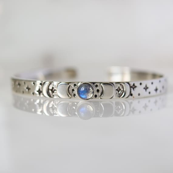 Handmade Sterling Silver Rainbow Moonstone Bangle: Elegant Gemstone Jewelry