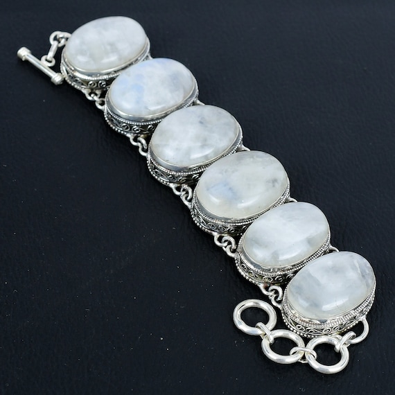 Handmade Rainbow Moonstone Bracelet: Vintage 925 Sterling Silver, Adjustable
