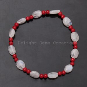 Red Coral & Rainbow Moonstone Beaded Stretch Bracelet Red Coral & Rainbow Moonstone Beaded Stretch Bracelet