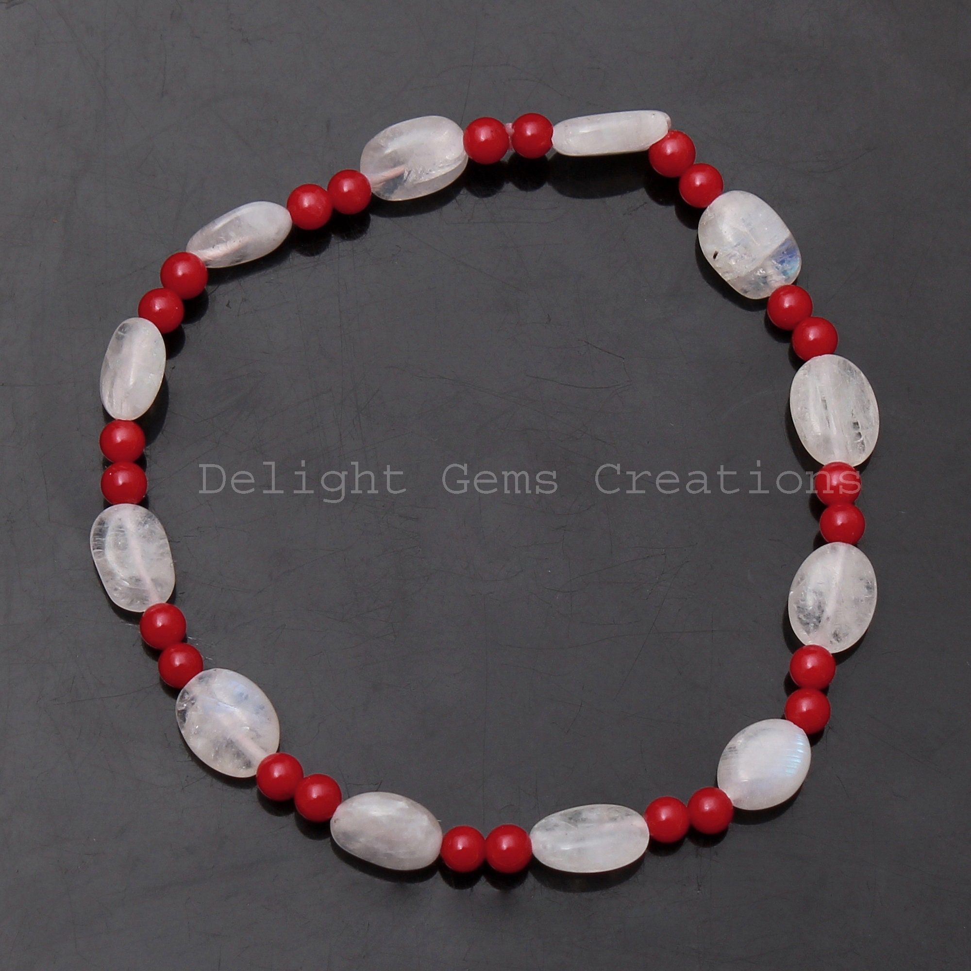 Red Coral & Rainbow Moonstone Beaded Stretch Bracelet Red Coral & Rainbow Moonstone Beaded Stretch Bracelet