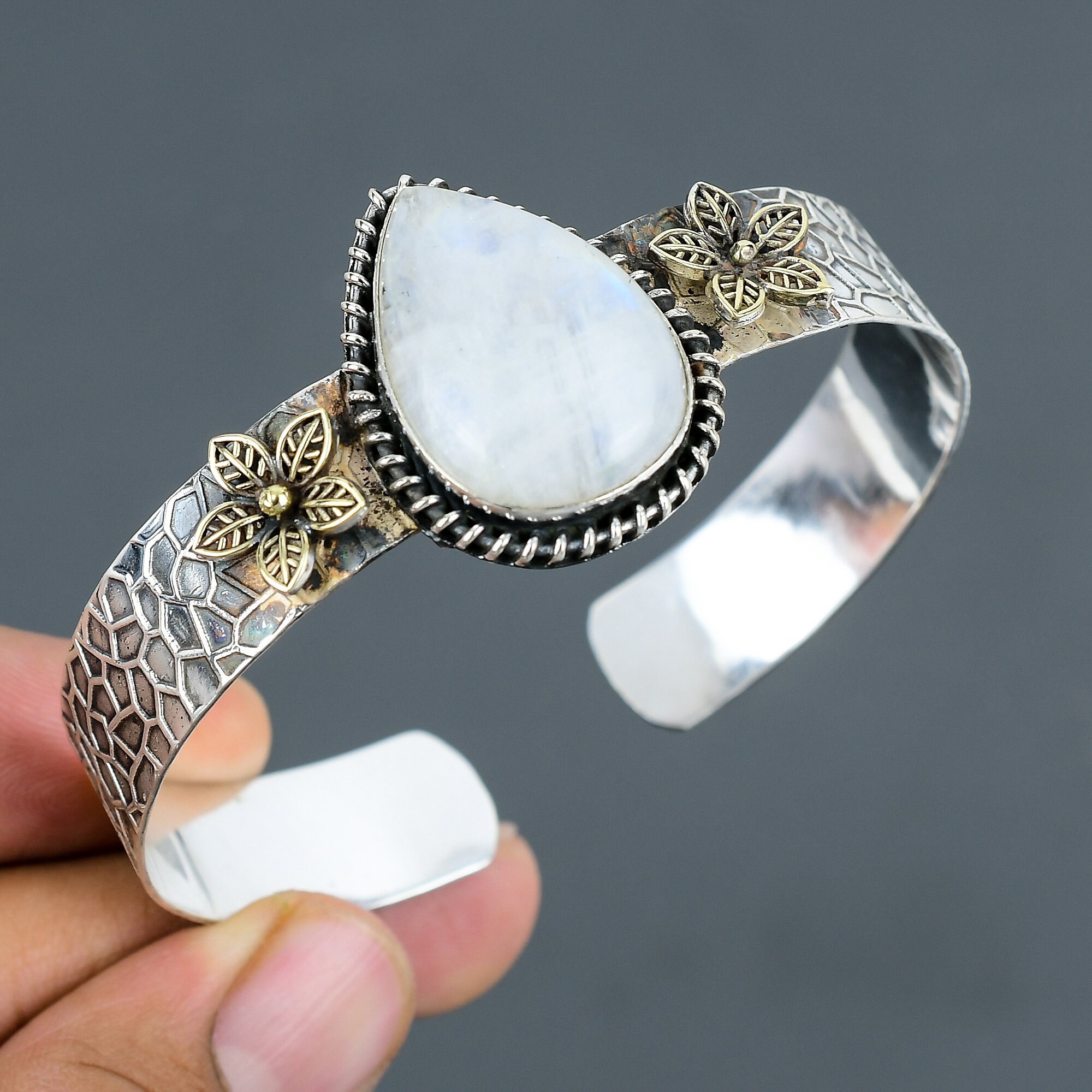 Rainbow Moonstone Sterling Silver Cuff: Adjustable Handmade Bangle