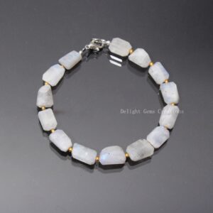 White Rainbow Moonstone Bracelet - Faceted Tumble Beads with Spacer Balls - Women's Beaded Jewelry White Rainbow Moonstone Bracelet - Faceted Tumble Beads with Spacer Balls - Women's Beaded Jewelry