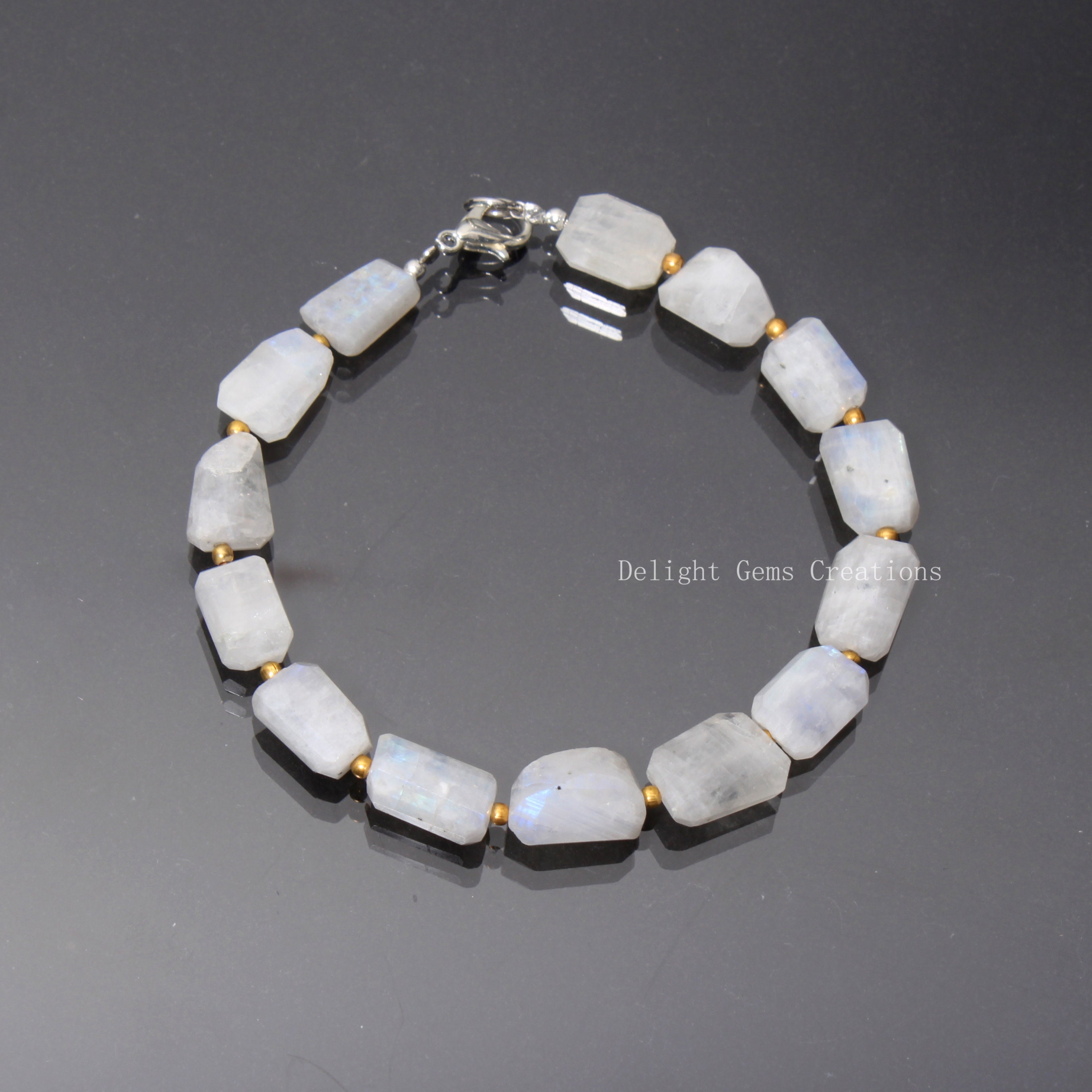 White Rainbow Moonstone Bracelet - Faceted Tumble Beads With Spacer Balls - Women's Beaded Jewelry