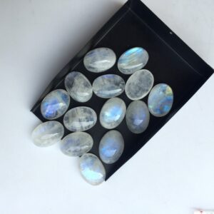 10 Pcs Calibrated Oval Shaped Smooth Rainbow Moonstone Gemstone Loose Flat Back Cabochons, Choose From 15 Sizes 5mm To 18mm, Sku-ms26