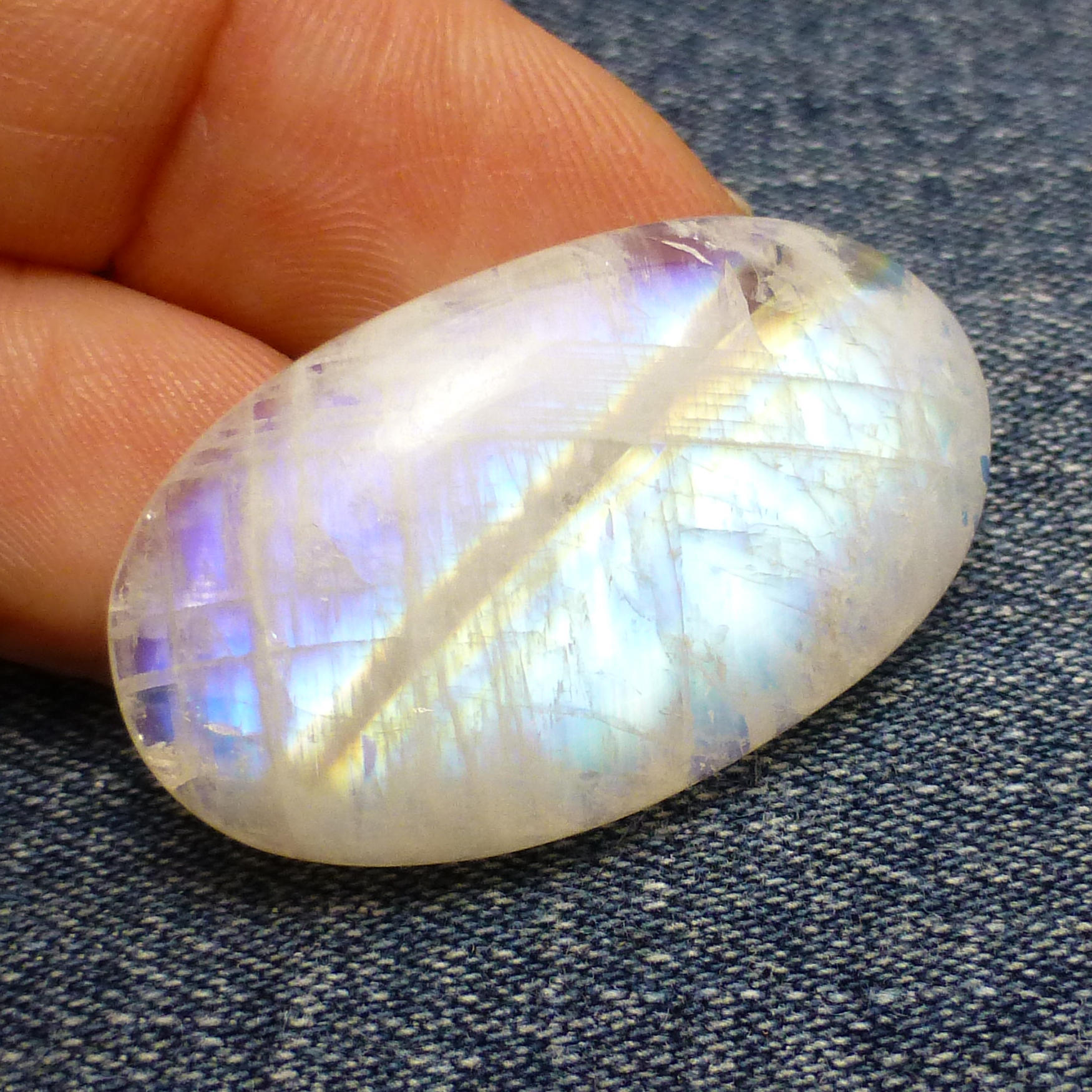 33.905 Carats Rainbow Moonstone Cabochon Oval Quality Blue Schiller Reflective Translucent Jewelry Designer Hand Made One Of A Kind Rare
