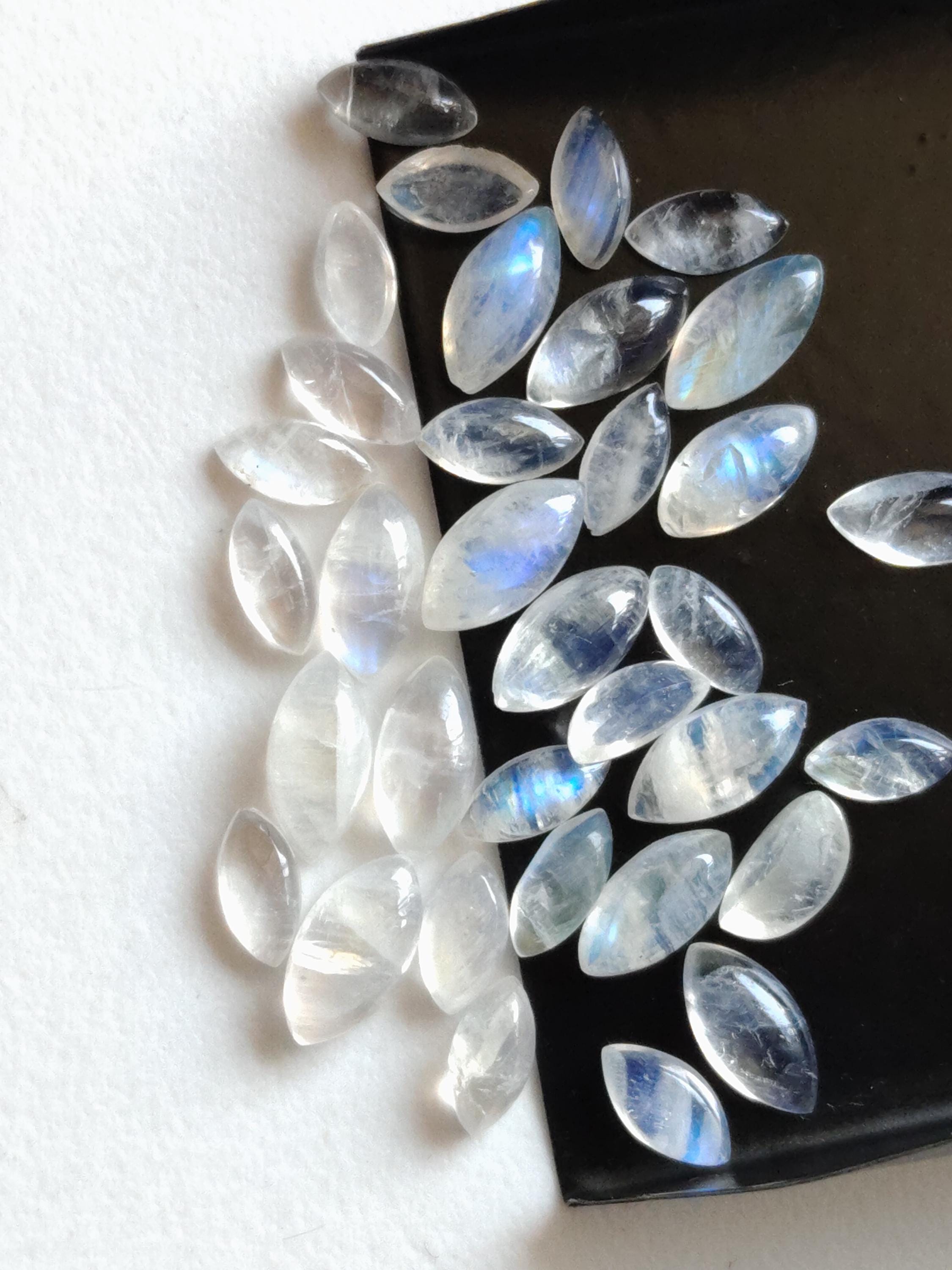 4x7mm - 5.5x10mm Rainbow Moonstone Plain Marquise Flat Back Cabochons, 10 Pcs Loose Rainbow Moonstone Gemstones, Moonstone For Jewelry