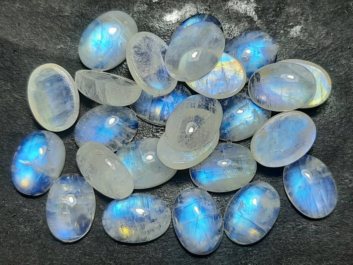 Blue Flashy Rainbow Moonstone Oval Cabochon: Jewelry Making Gemstone (4x6 To 15x20 Mm)