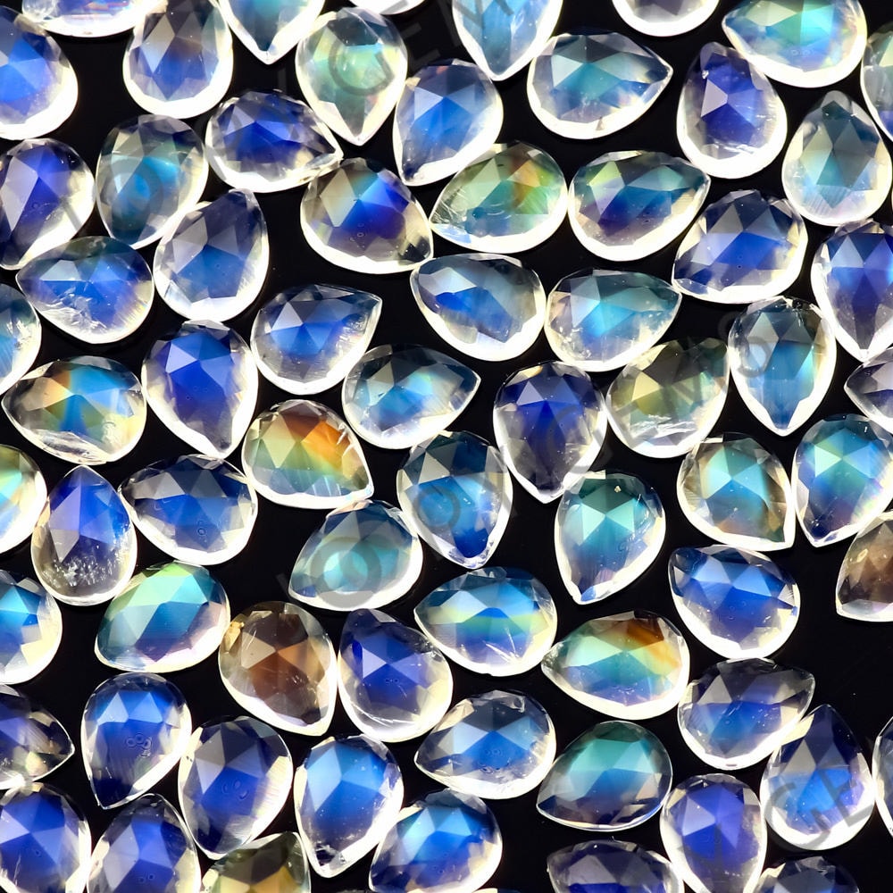 Rainbow Moonstone Rose Cut Cabochon 3x4mm Pear - Aa Grade