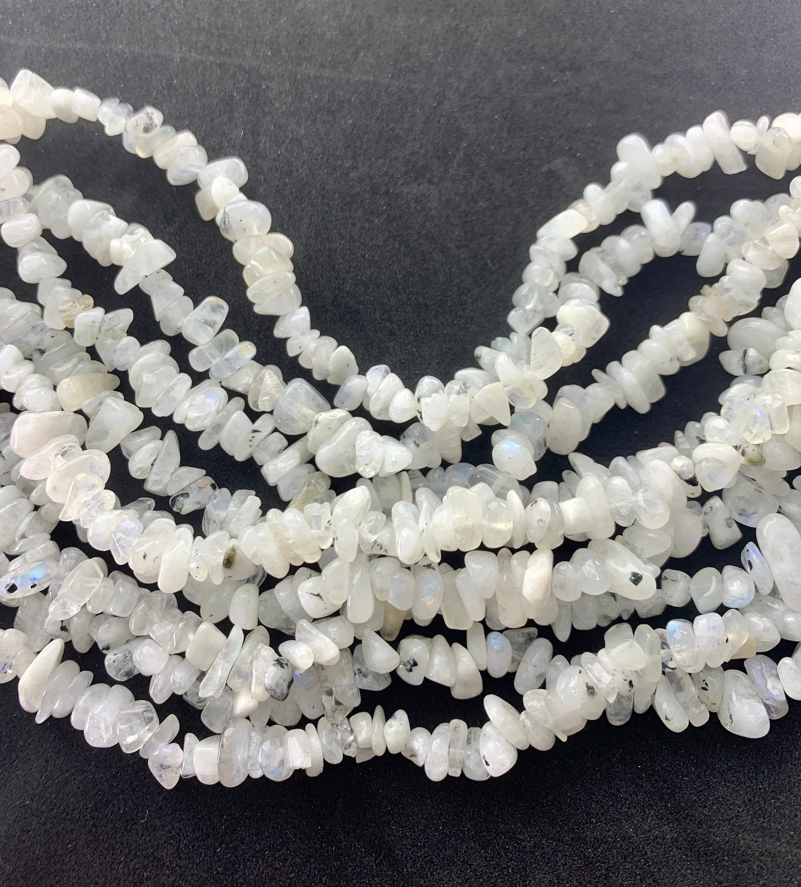 Rainbow Moonstone Gemstone Chip Beads. 36” Strand Of High Quality White Chips With Some Rainbow Flash.