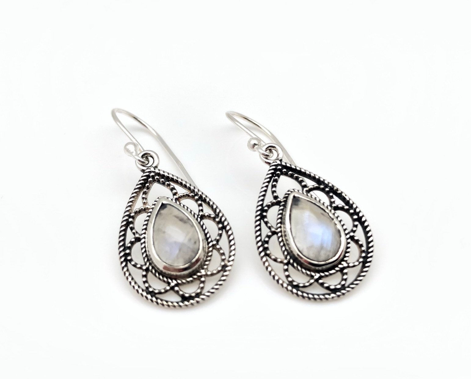 Rainbow Moonstone Earrings // 925 Silver // Moonstone Earrings // Etched Teardrop Silver Setting