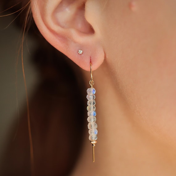 Aaaa+ Moonstone Earrings, Rainbow Moonstone Threaders, [eemp1753] Gold Moonstone Earrings, Gold Moonstone Earrings