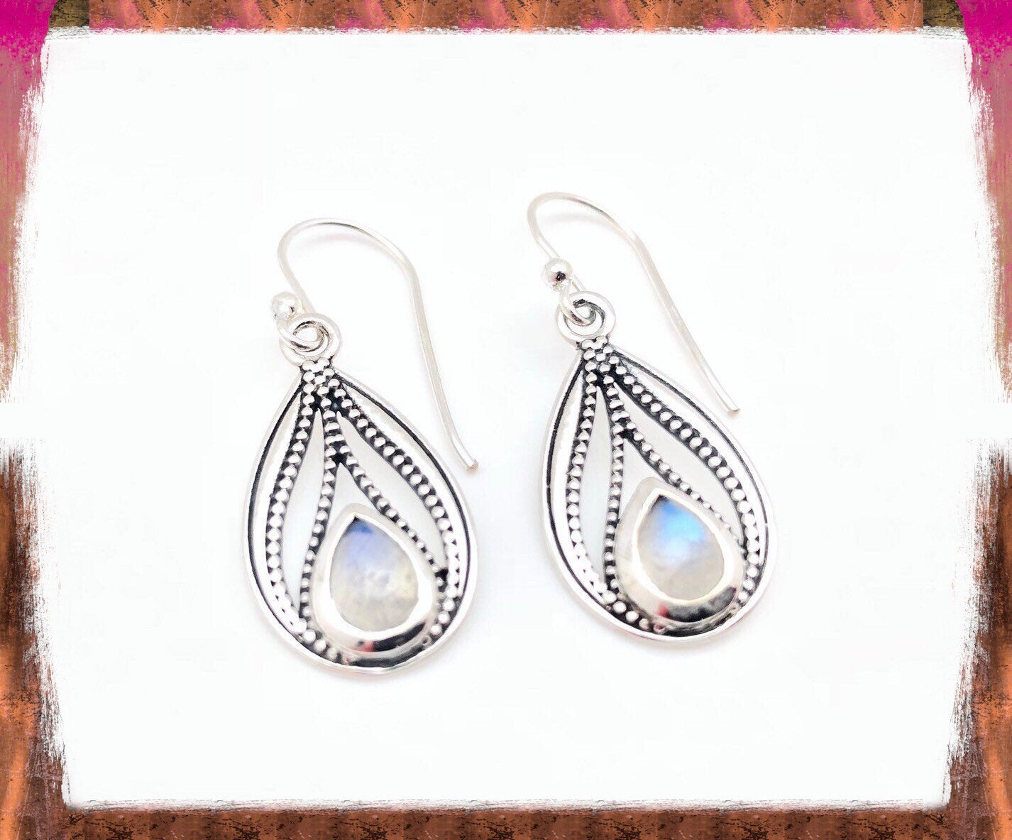 Rainbow Moonstone Earrings // Beaded Teardrop // 925 Sterling