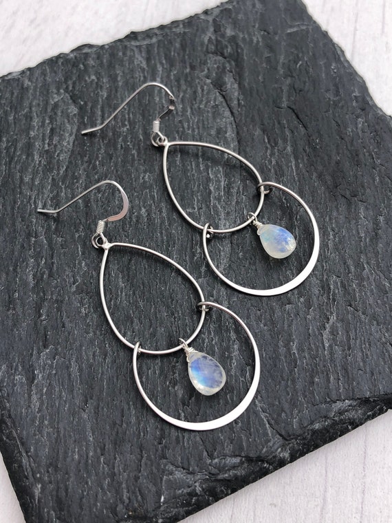 Rainbow Moonstone Earrings, Blue Moonstone Chandelier Earrings, Boho Drop Earrings In Gold Or Silver, Large Gemstone Earrings, Gift For Her