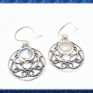Rainbow Moonstone Earrings, Round Filigrer Rope, 925 Sterling
