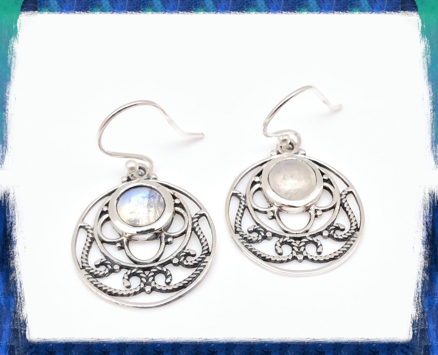 Rainbow Moonstone Earrings, Round Filigrer Rope, 925 Sterling Rainbow Moonstone Earrings, Round Filigrer Rope, 925 Sterling