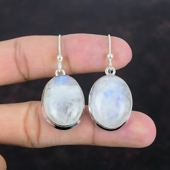 Rainbow Moonstone Dangle Earrings: 925 Sterling Silver, Handmade