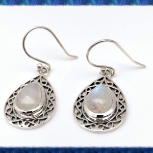 Rainbow Moonstone Earrings, Filigree Teardrop Setting, Sterling Silver, Silver Moonstone Earrings
