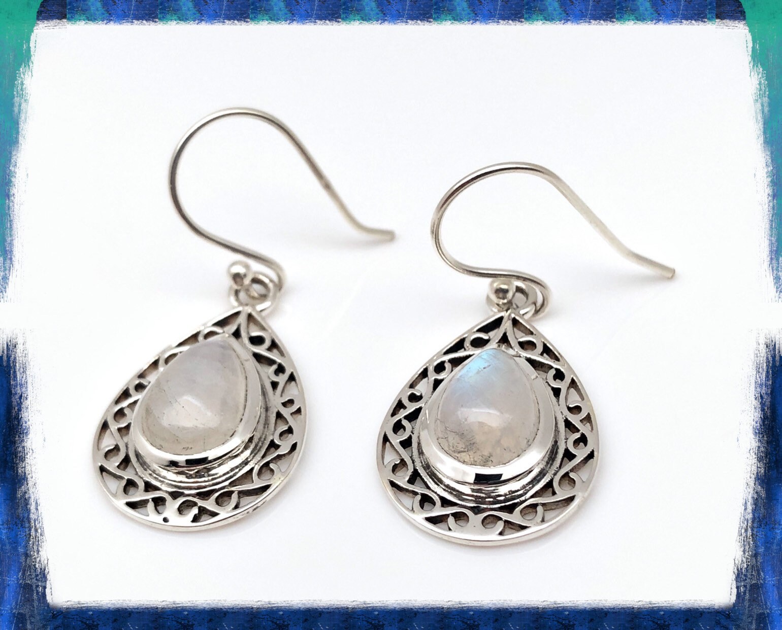 Rainbow Moonstone Earrings, Filigree Teardrop Setting, Sterling Silver, Silver Moonstone Earrings Rainbow Moonstone Earrings, Filigree Teardrop Setting, Sterling Silver, Silver Moonstone Earrings