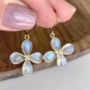 Rainbow Moonstone Flower Earrings, June Birthstone, Flashy Moonstone Clover Bezeled Earrings in Gold or Silver, Summer Light Jewelry for Mom