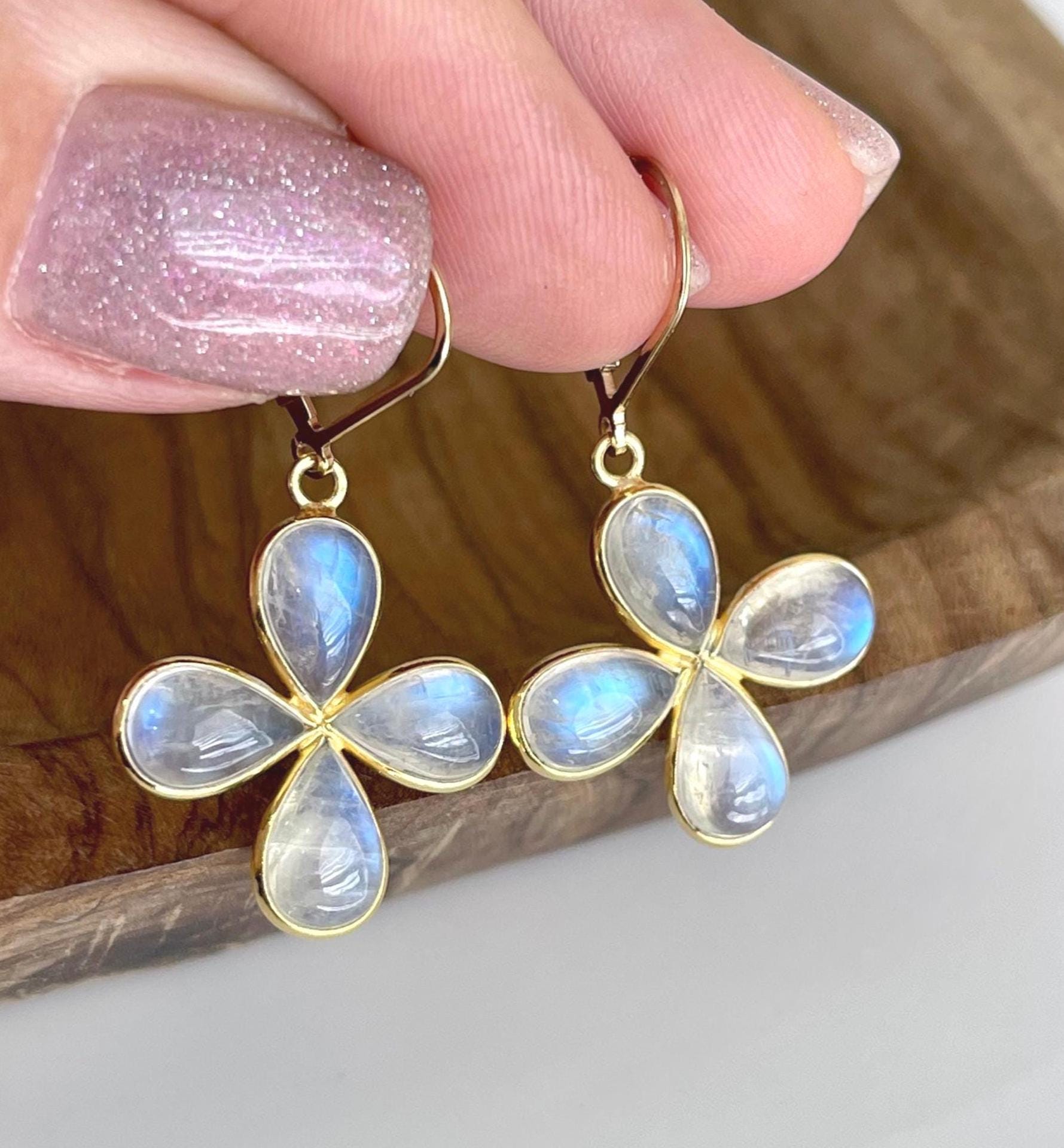 Rainbow Moonstone Flower Earrings, June Birthstone, Flashy Moonstone Clover Bezeled Earrings In Gold Or Silver, Summer Light Jewelry For Mom