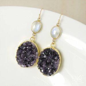 Gold Filled Rainbow Moonstone & Druzy Quartz Earrings