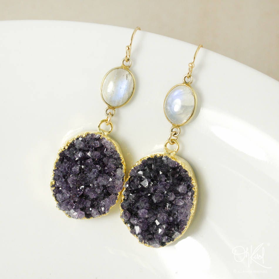 Gold Filled Rainbow Moonstone & Druzy Quartz Earrings