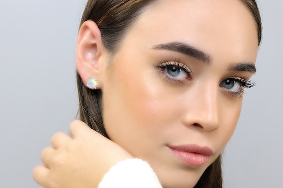 Gold Stud Moonstone Earrings · Post Round Cut Stud Earrings · June Birthstone Earrings · Rainbow Moonstone Earrings