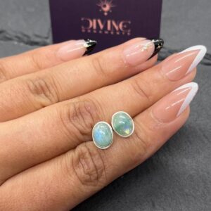 Green Rainbow Moonstone Stud Earrings: 925 Sterling Silver Jewelry