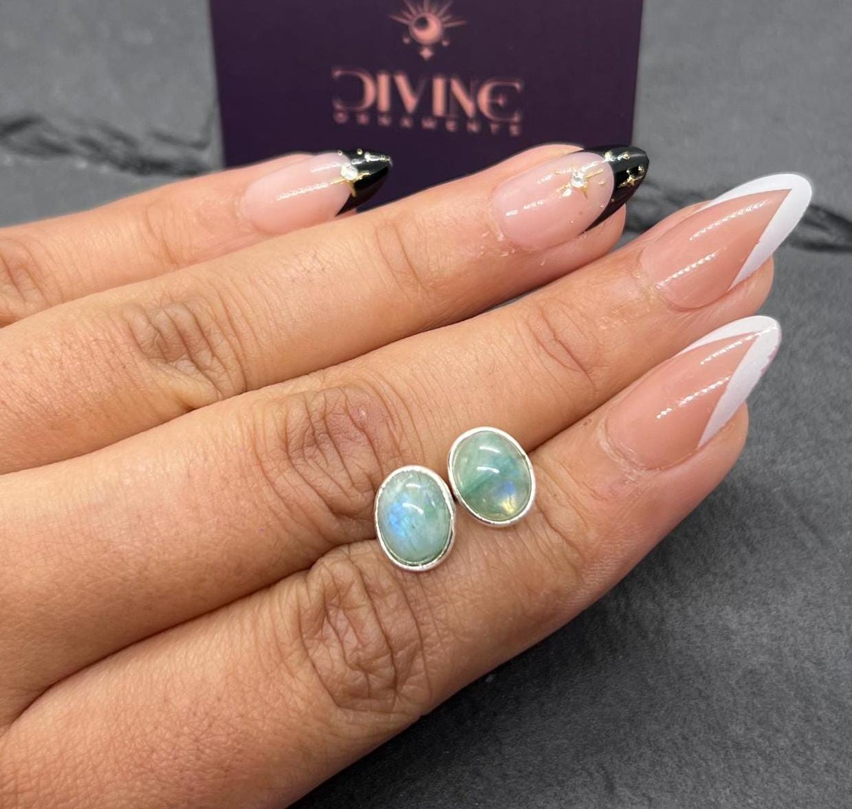 Green Rainbow Moonstone Stud Earrings: 925 Sterling Silver Jewelry Green Rainbow Moonstone Stud Earrings: 925 Sterling Silver Jewelry