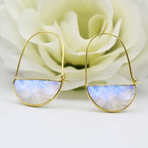 Half Moon Rainbow Moonstone Earrings, Blue Flash, 925 Sterling Silver
