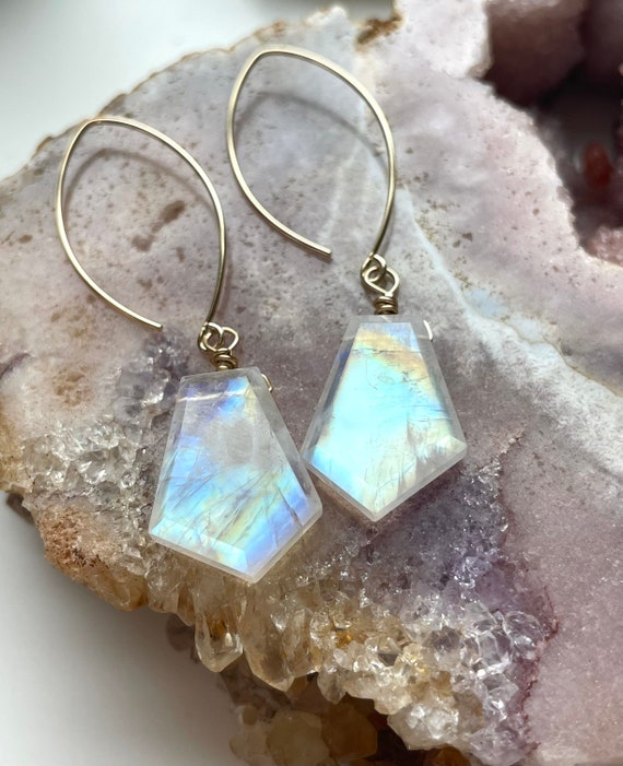 Handcrafted Rainbow Moonstone Dangle Earrings: Sterling Silver