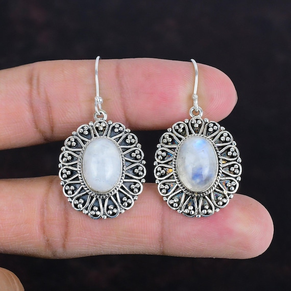 Handmade Rainbow Moonstone Earrings: 925 Sterling Silver Gemstone Jewelry