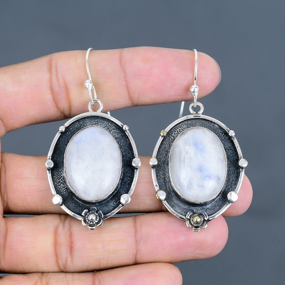 Handmade Rainbow Moonstone Dangle Earrings: 925 Sterling Silver
