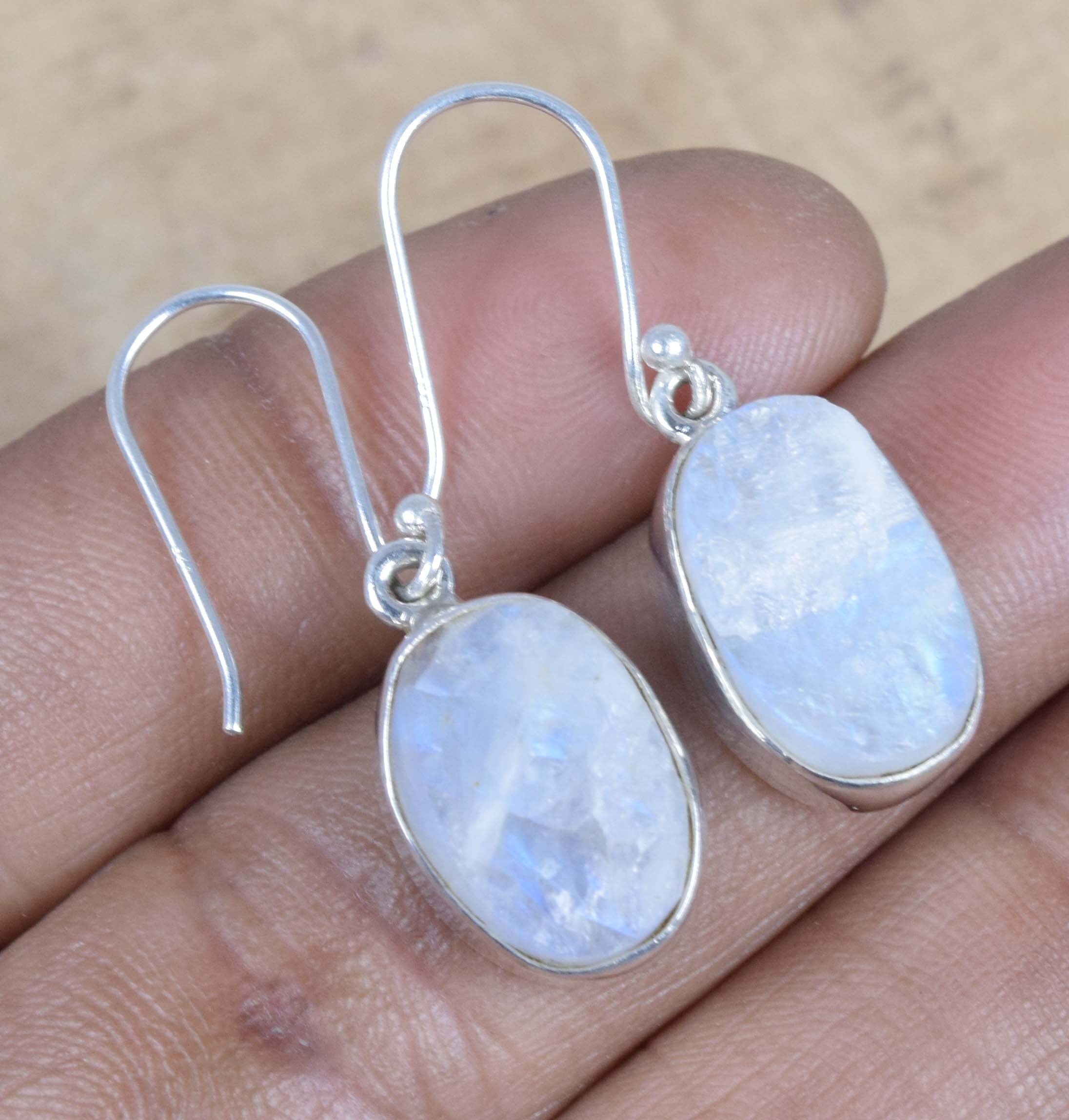Handmade Rainbow Moonstone Hook Earrings: 925 Sterling Silver, June Birthstone