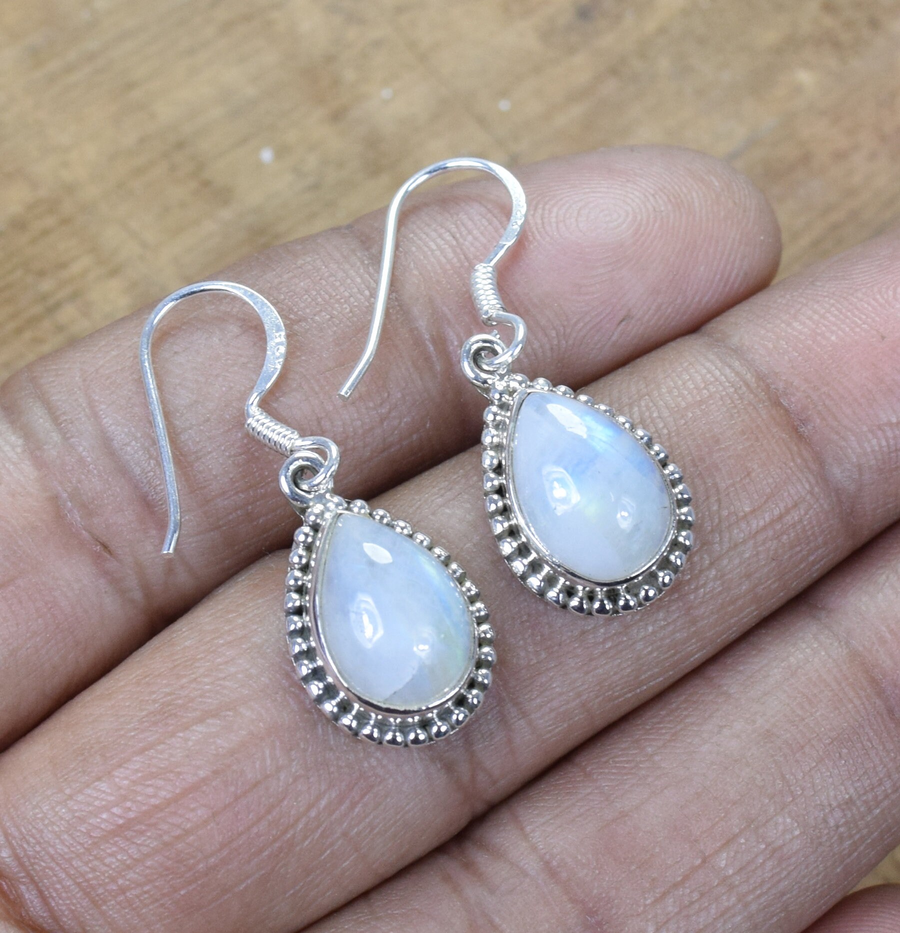 Handmade Sterling Silver Rainbow Moonstone Hook Earrings: June Birthstone