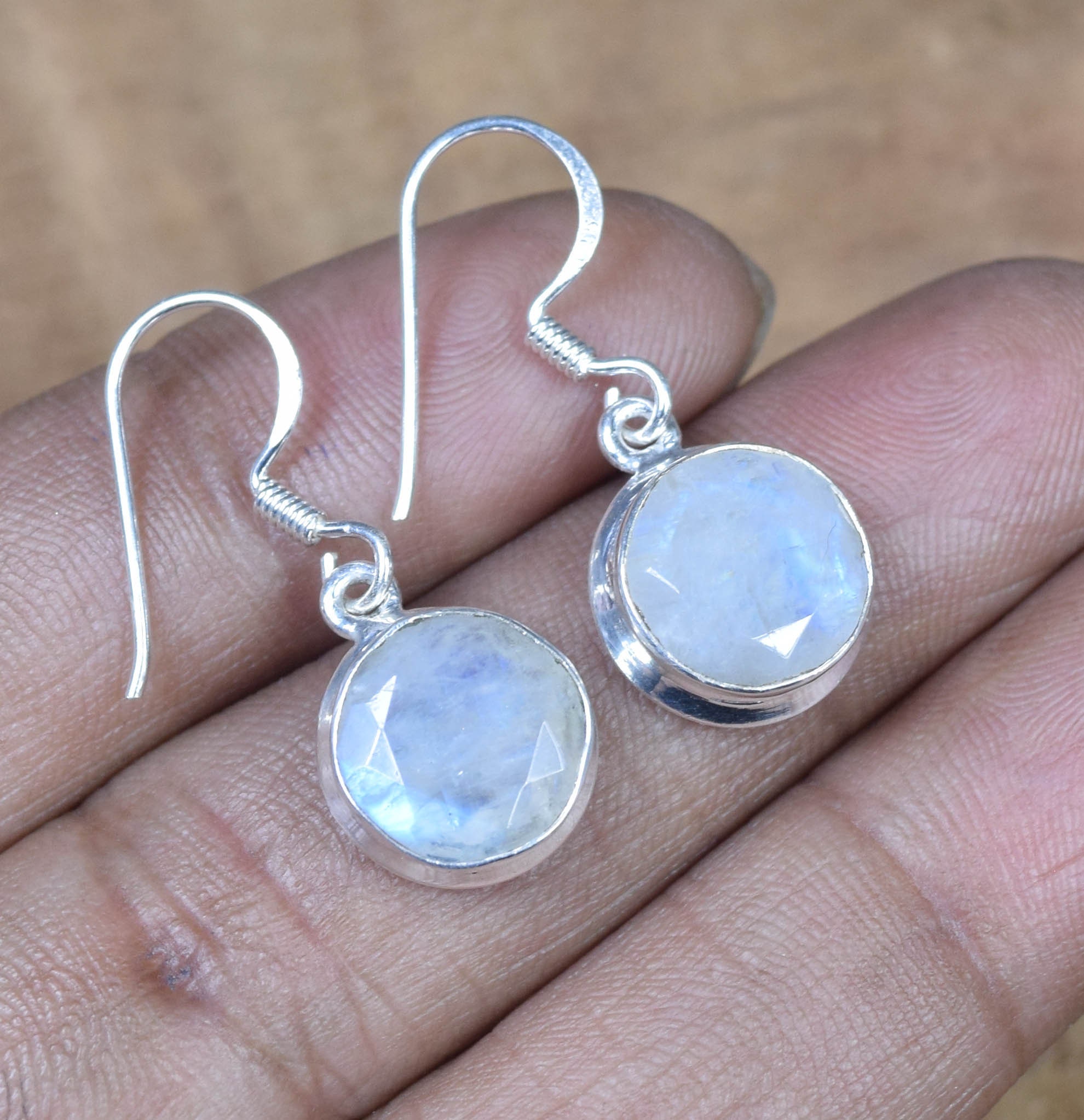 Rainbow Moonstone Hook Earrings: 925 Sterling Silver, June Birthstone