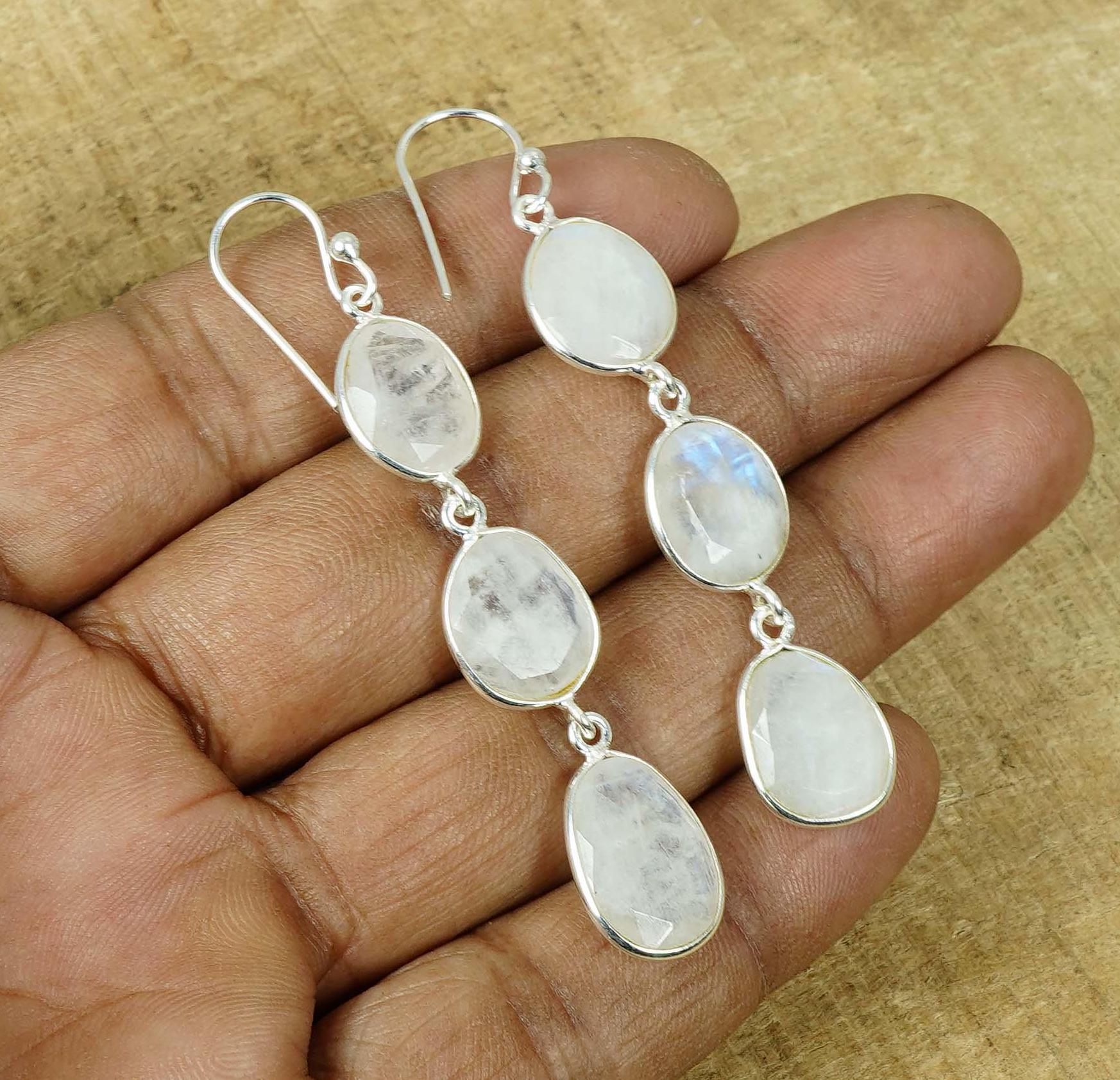 Rainbow Moonstone Hook Earrings: Sterling Silver Dangle, June Birthstone