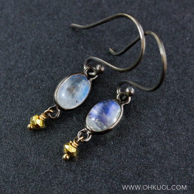 Rainbow Moonstone Earrings - June Birthstone - Rhodium Plating