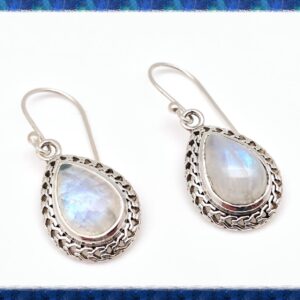Rainbow Moonstone Earrings, Rope Teardrop Setting, Sterling Silver, Silver Moonstone Earrings