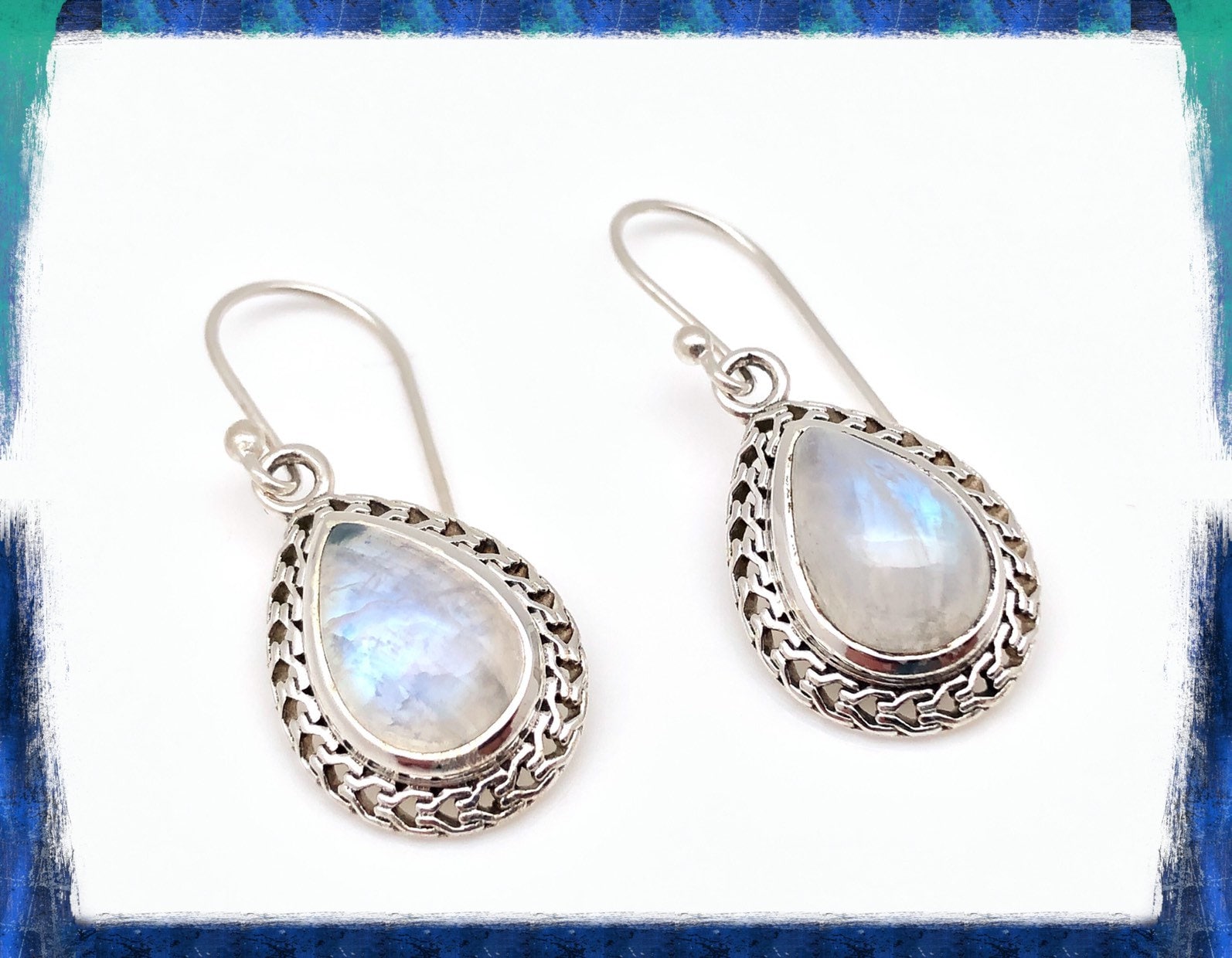 Rainbow Moonstone Earrings, Rope Teardrop Setting, Sterling Silver, Silver Moonstone Earrings