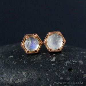 Rose Gold Hexagon Studs, Round Rainbow Moonstone Stud Earrings, Custom June Birthstone Studs