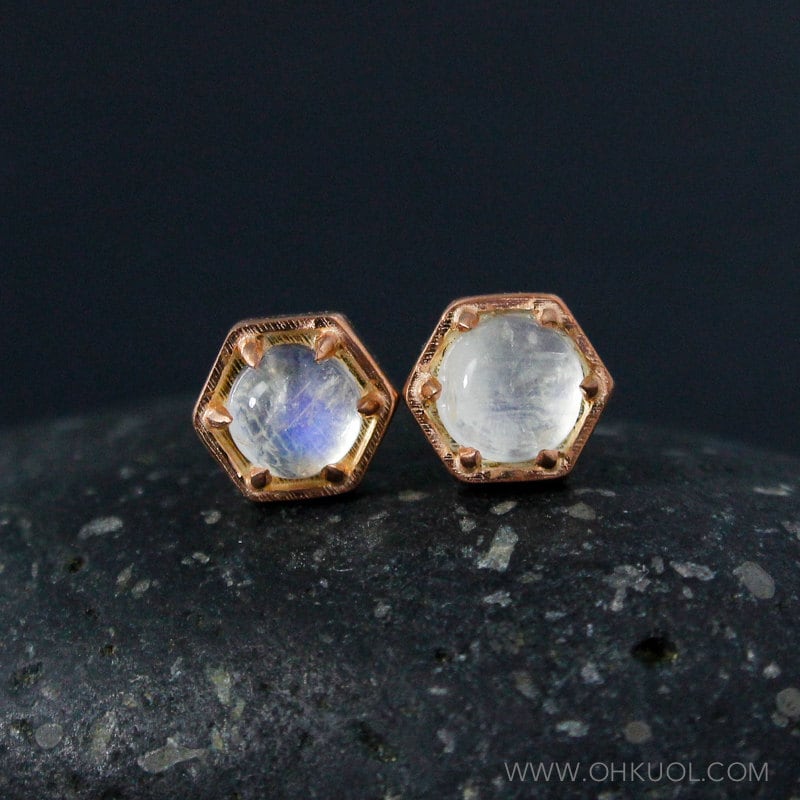 Rose Gold Hexagon Studs, Round Rainbow Moonstone Stud Earrings, Custom June Birthstone Studs
