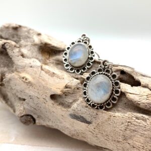 Rainbow Moonstone Flower Earrings: 925 Sterling Silver Dangly Earrings