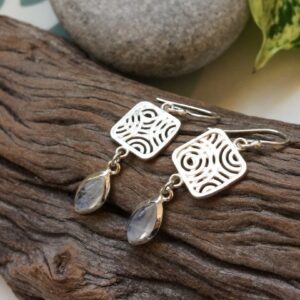 Moonstone Silver Earrings, Rainbow Moonstone Long Earrings, Filigree Earrings, Sterling Silver Jewelry, Tribal Earrings, Square And Drops