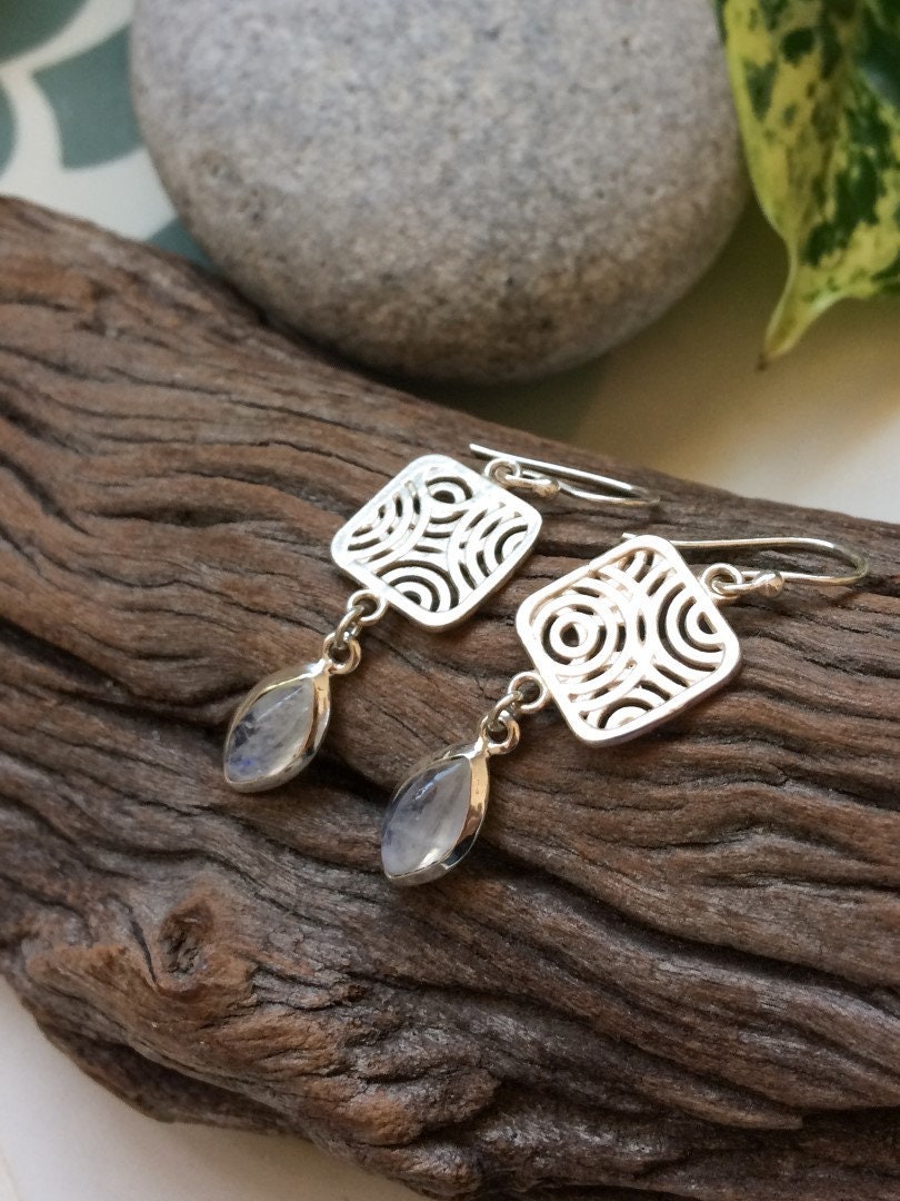 Moonstone Silver Earrings, Rainbow Moonstone Long Earrings, Filigree Earrings, Sterling Silver Jewelry, Tribal Earrings, Square And Drops