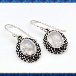 Rainbow Moonstone Earrings, Silver Moonstone Earrings, Oxidized Oval Bead Design, 925 Sterling Silver